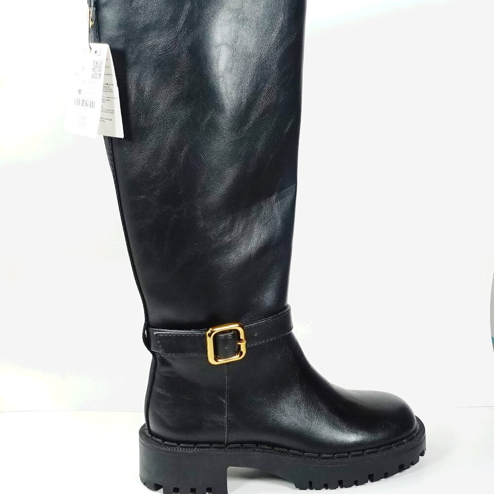 Zara Women's Knee High Boots Flat lug Sole Chunlky Moto preppy Gold Buckle US 6